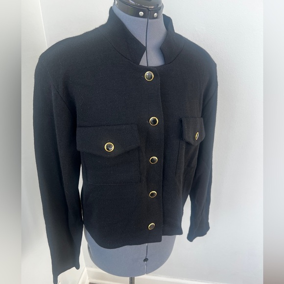 Vintage Sz L CW Clifford & Willis Black Wool Knit Mandarin Jacket Blazer Classic - Picture 7 of 16